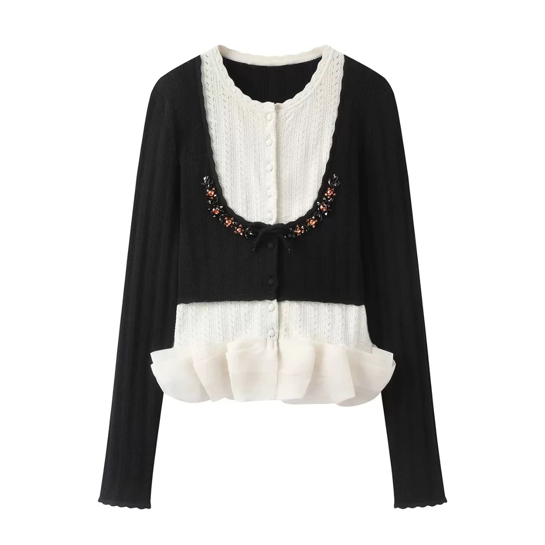 【D132】2025秋季新款时尚气质百搭撞色钉珠针织开衫