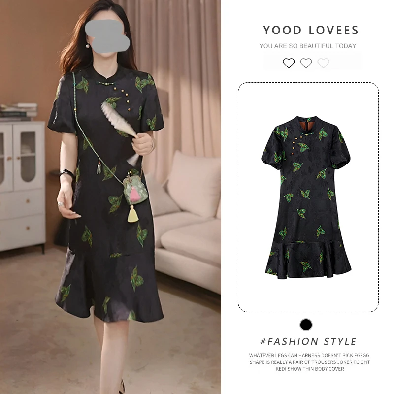 2025新款日常可穿素雅中国风古法黑色旗袍裙新中式全开襟平裁蝴蝶