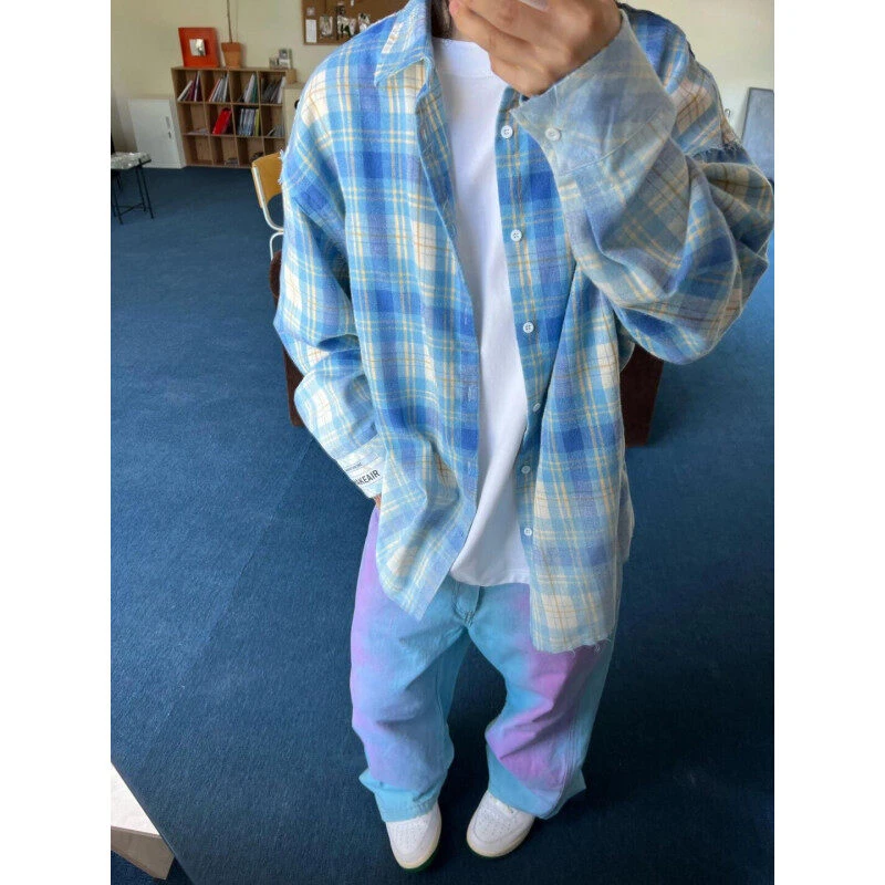 春季百搭复古做旧毛边港风蓝色格子长袖衬衫男女同款情侣休闲衬衣