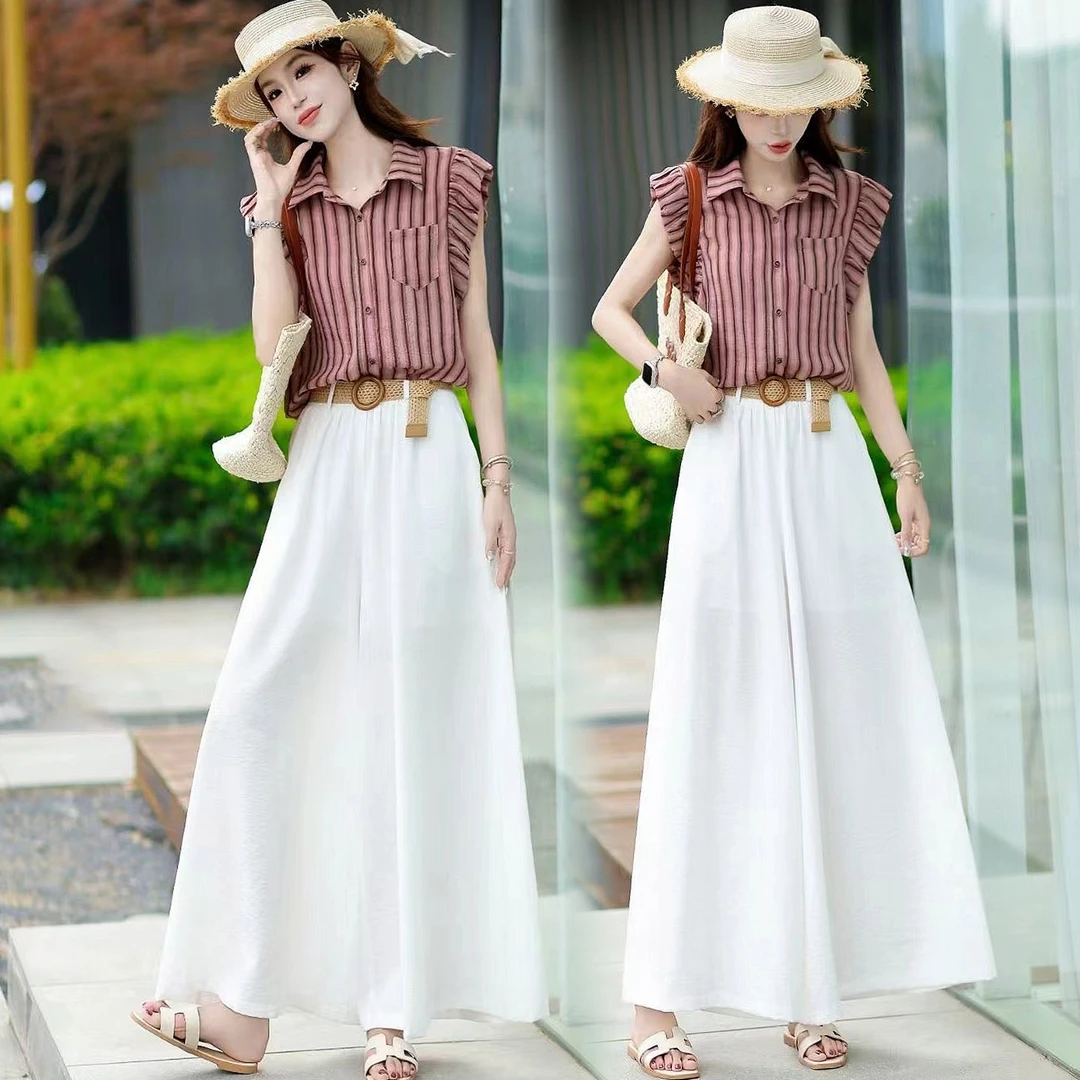 时尚小香风短袖条纹衬衫+阔腿裤两件套小仙女夏季新款裙裤一整套