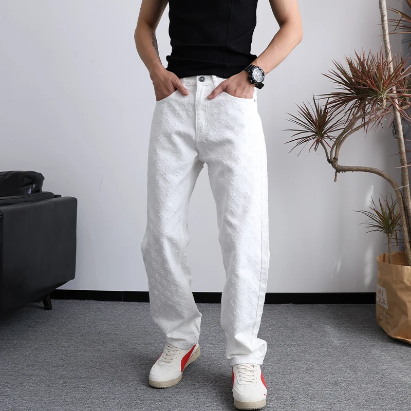 美式cleanfit宽松直筒纯白色水洗牛仔裤男士潮牌痞帅提花设计长裤