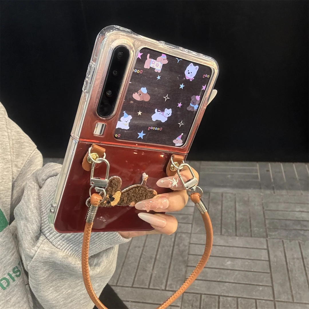 适用华为purax典藏版手机壳复古酒红色PuraX锡纸纹刺绣狗狗手提绳