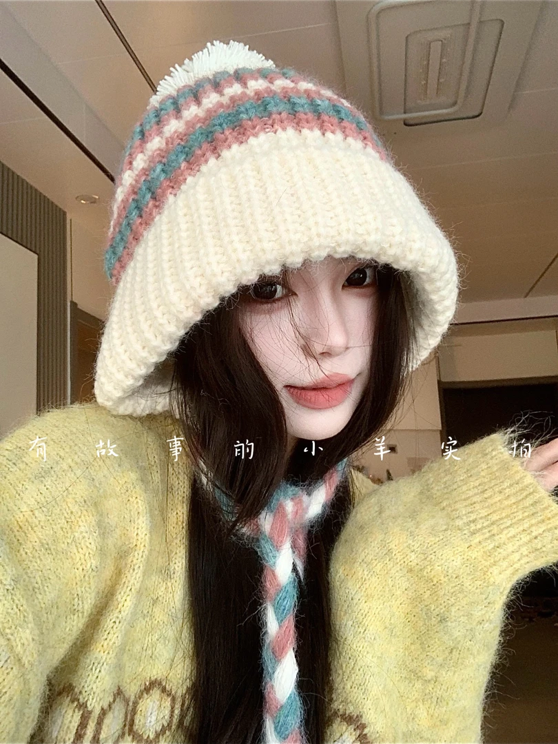 毛球辫子帽~氛围针织帽子女秋冬可爱防寒保暖护耳毛线套头帽子女