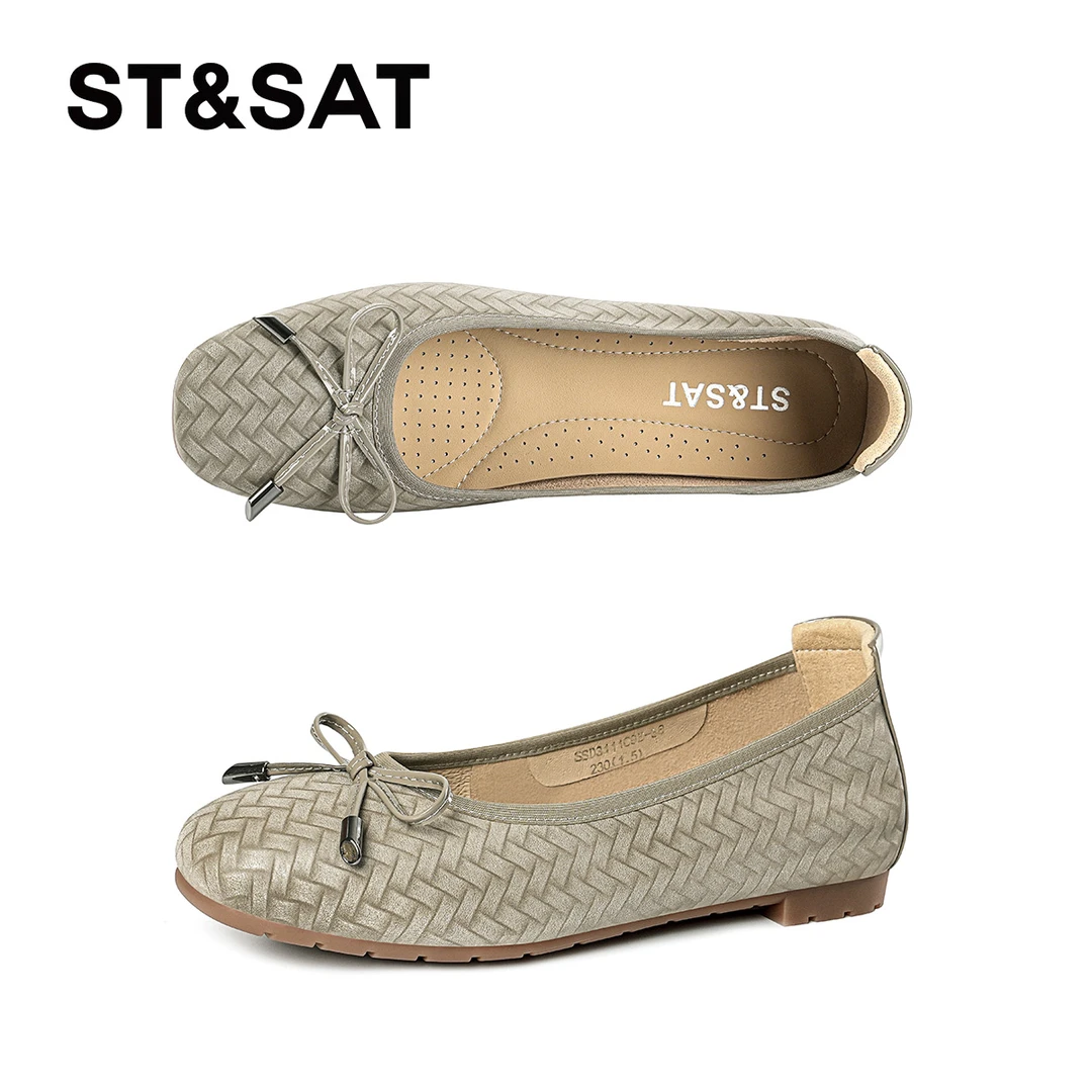 St&Sat/星期六编织低跟单鞋皮鞋蝴蝶结百搭浅口复古舒适玛丽珍鞋