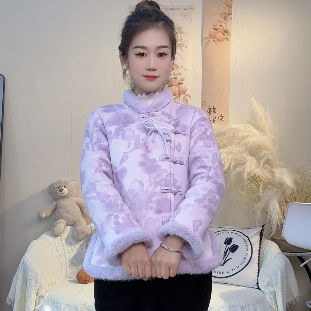 玉-中式国风款花棉袄女2025冬季新款加绒加厚东北碎花棉服外套