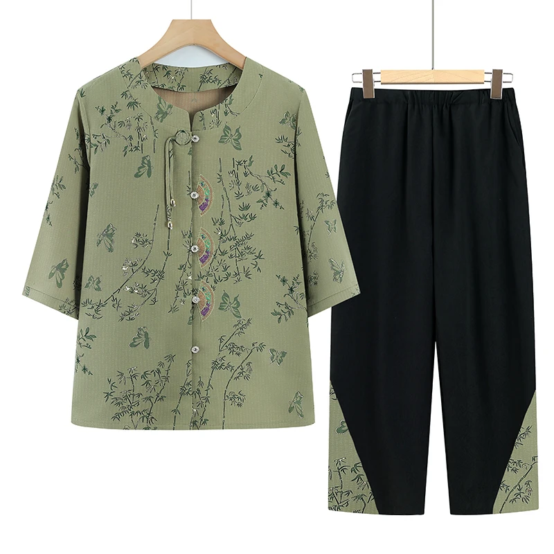 奶奶夏装套装女中老年人冰丝短袖衬衫妈妈夏天衣服老人老太太宽松