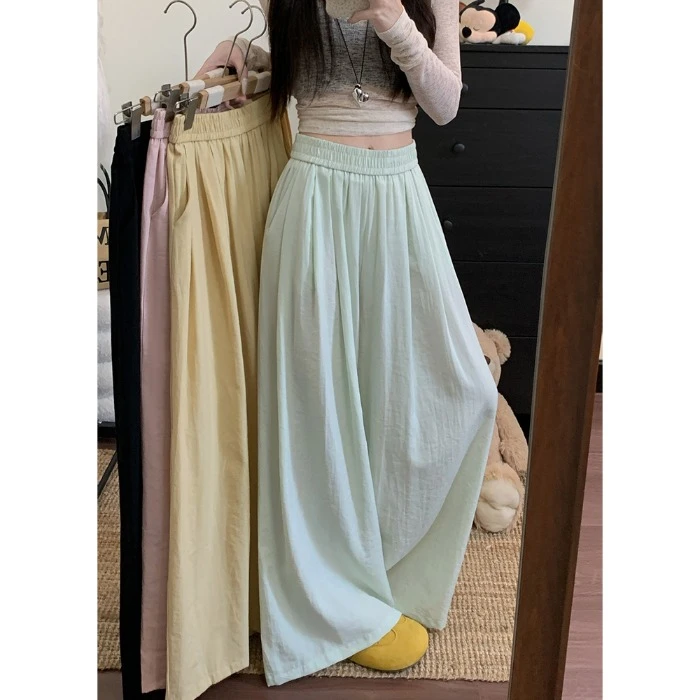 慵懒风松紧腰阔腿休闲裤2025夏季新款高腰显瘦垂感宽松拖地长裤女