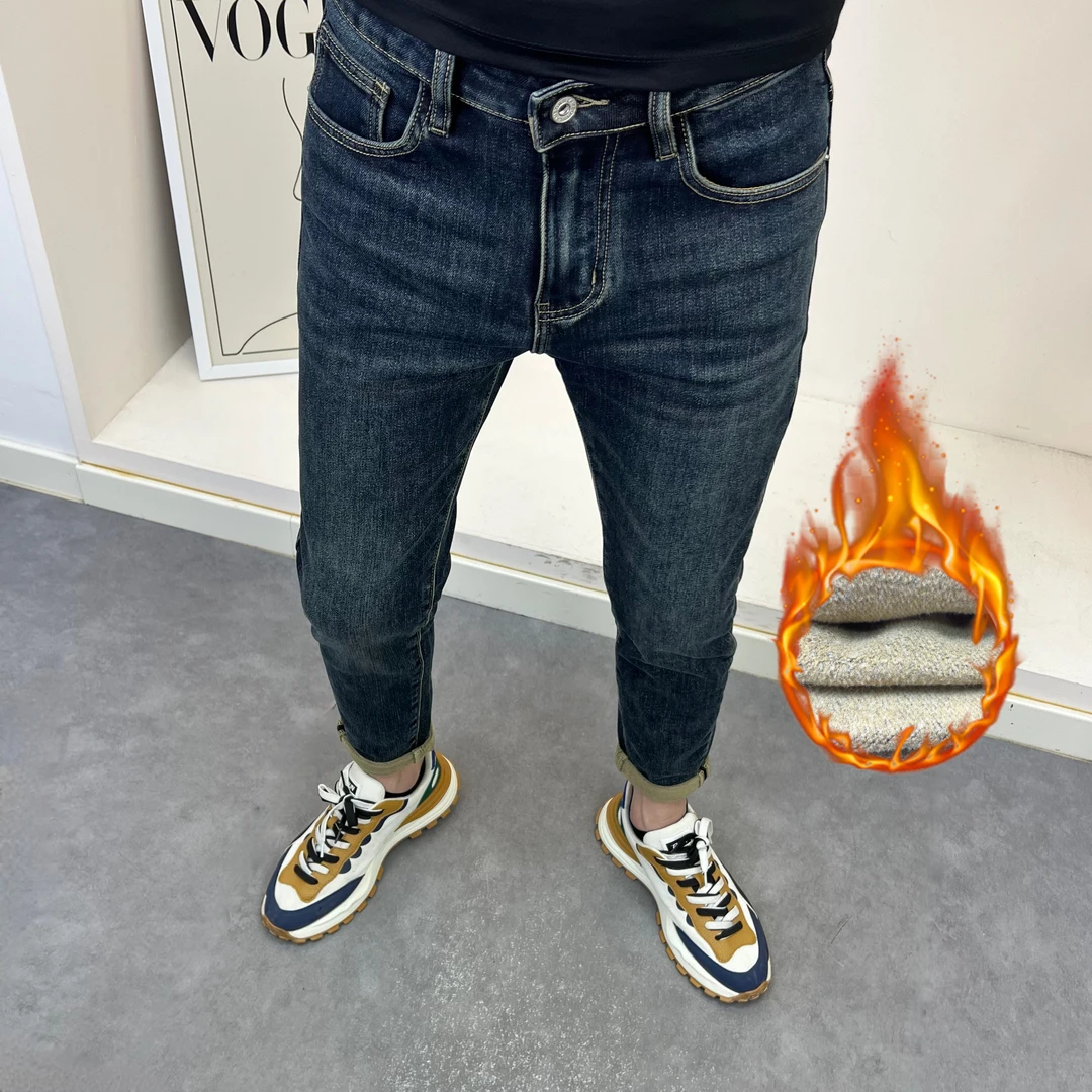 8935冬季新款加绒深蓝色修身小脚男士牛仔裤时尚潮流百搭帅气裤子