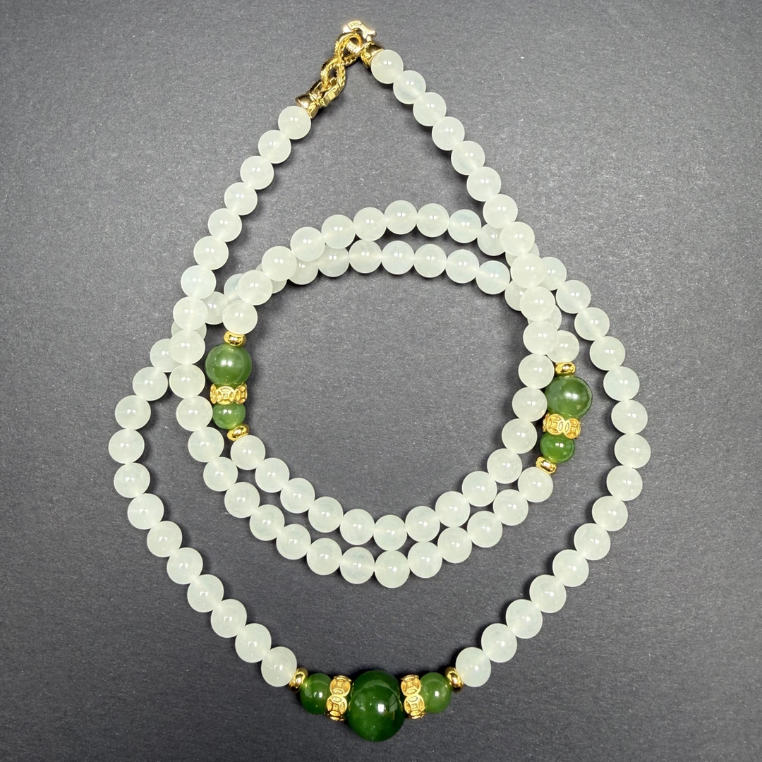 卡6mm白玉项链带碧玉天然和田玉圆珠毛衣链多样性发货拍一发一