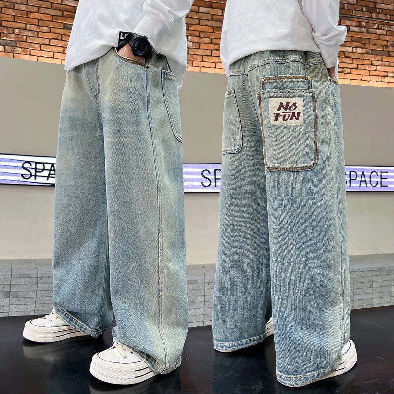 男童春季宽松软牛仔裤2025新款中大童百搭直筒裤男孩潮酷休闲长裤