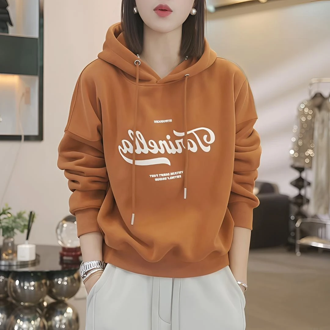 秋冬季新款宽松加厚加绒卫衣女连帽套头韩版字母印花休闲打底衫