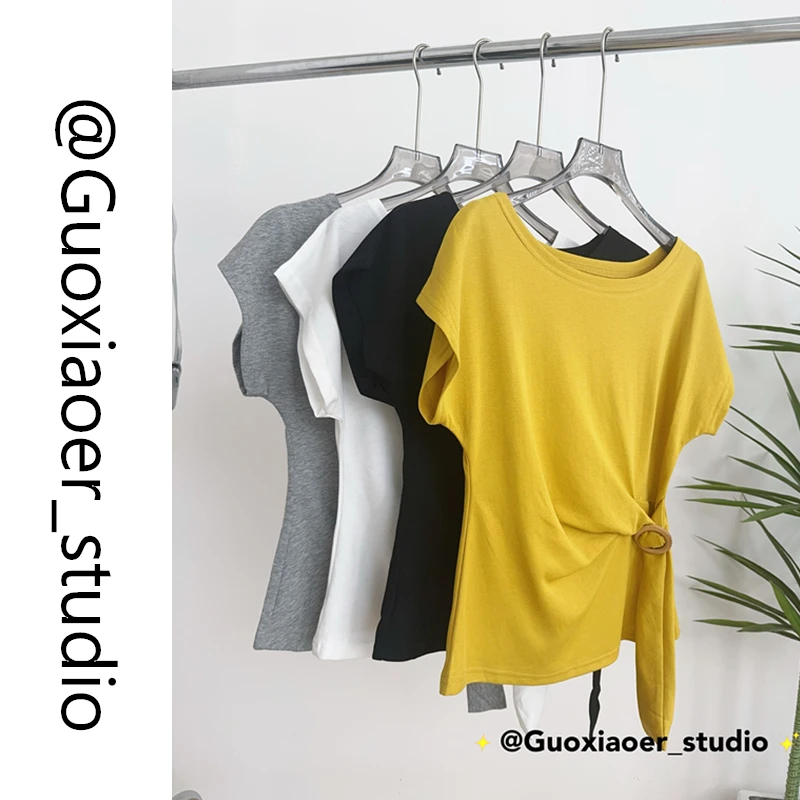 2025年夏季新圆领收腰设计时尚气质百搭韩系减龄女半袖上衣6387