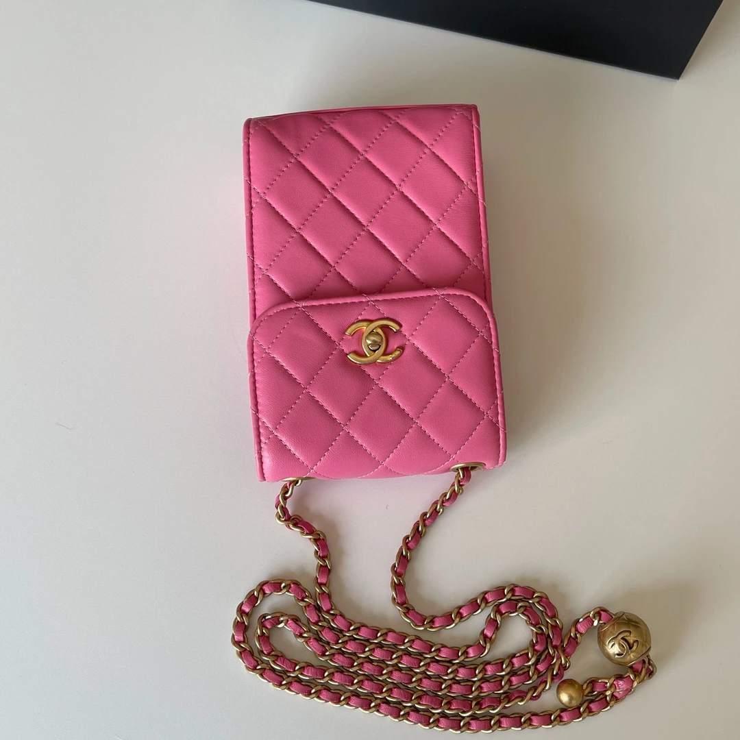 95新 Chanel/香奈儿 Chanel粉色金球手机斜挎包大全套