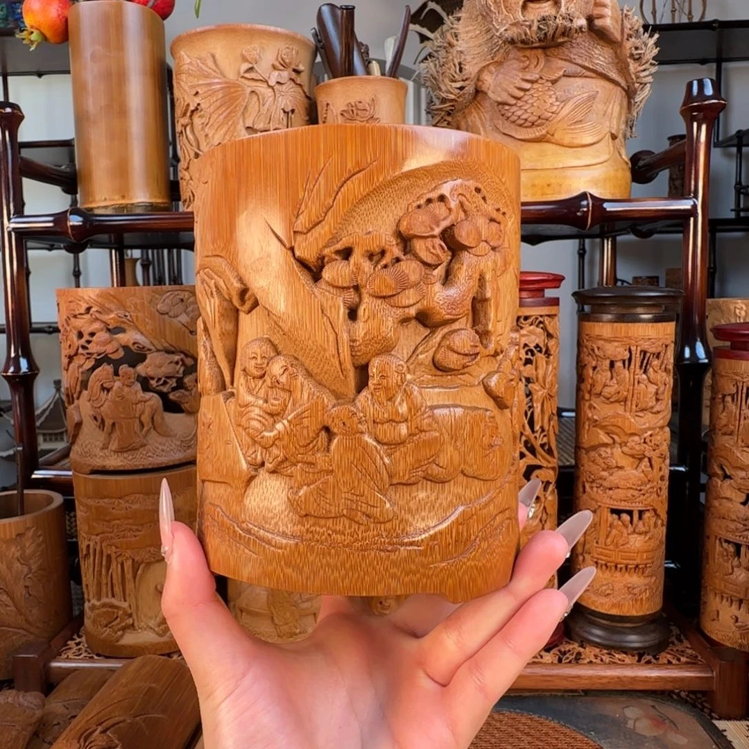 秋***零香榧木八仙醉酒大号笔筒