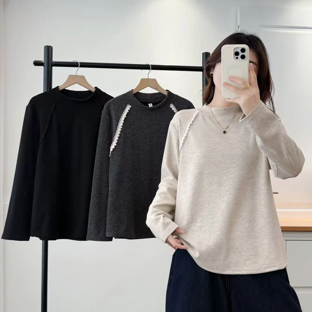 遇见--110-200斤大码圆领显瘦女半高领T恤套头秋冬遮肉保暖打底衫