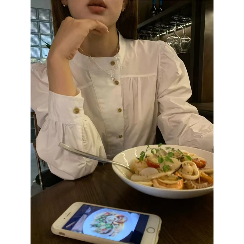 168#法式复古立领衬衫春款女装新款宽松长袖休闲衬衣上衣别致小衫