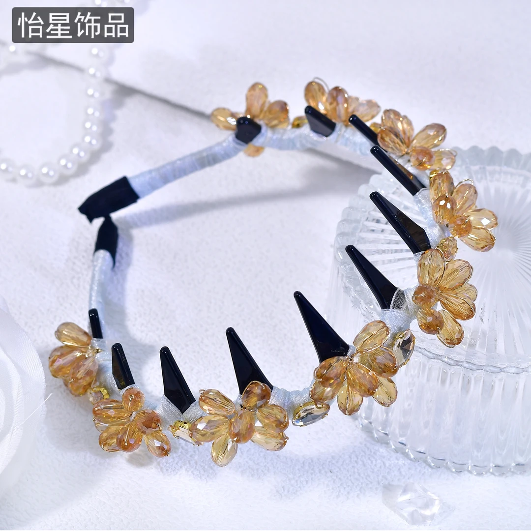 怡星轻奢水晶发饰带齿防滑高颅顶发箍简约气质复古百搭细头箍A400