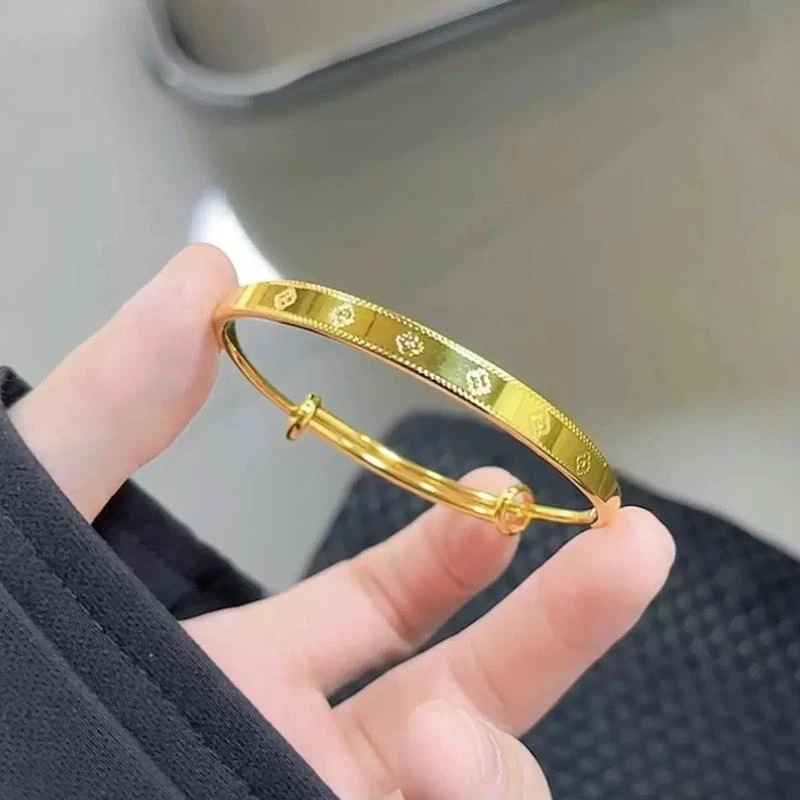 合金手镯 金店同款古法传承幸运草推拉手镯女钻纹可调节镯子轻奢