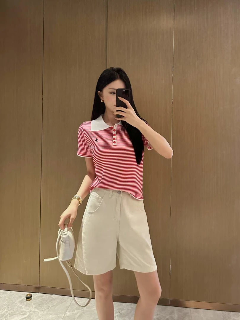 XiANJiE 潮牌小马刺绣条纹短袖POLO衫女2025夏季新款休闲百搭显瘦