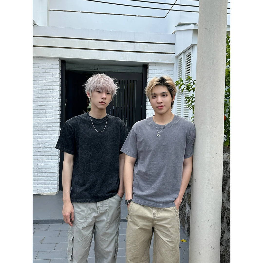 Faxims Store 230g夏季美式复古街头水洗圆领T恤纯色宽松做旧短袖