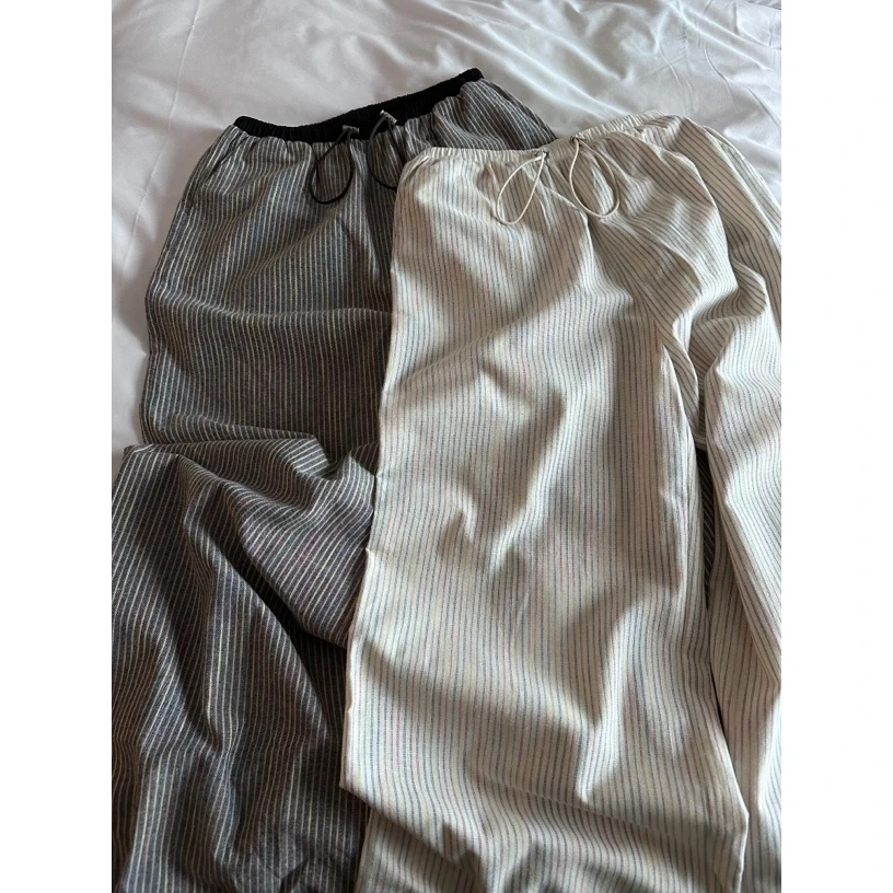 『PEACHZHOU』棉麻彩色竖条纹宽松直筒休闲裤松紧腰百搭阔腿长裤