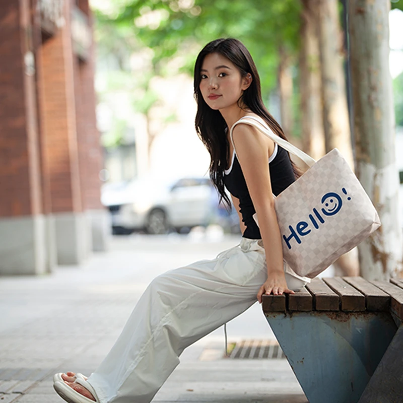 2024秋冬时尚潮流Hello百搭棋盘格帆布包 托特包 大容量帆布包