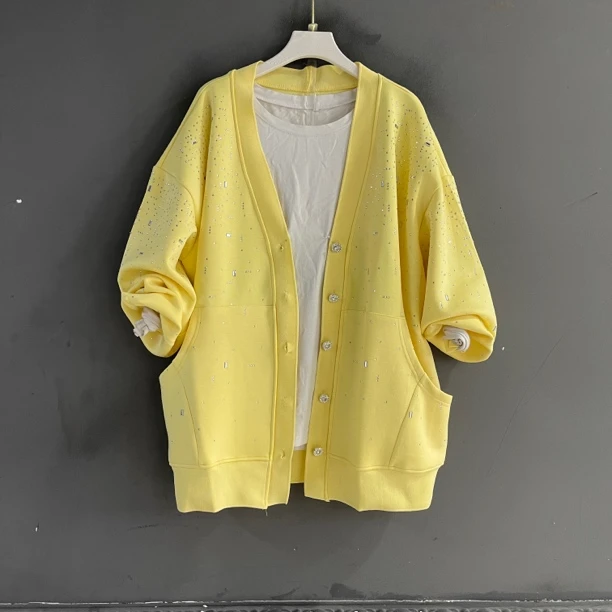 烫钻常规款女厚款长袖V领短外套慵懒时尚开衫秋季