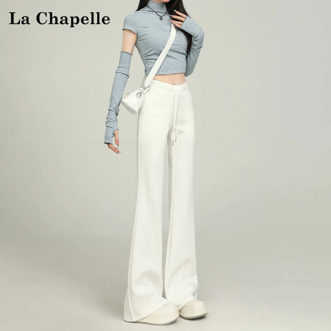 拉夏贝尔白色微喇叭卫裤女2025春秋新款小个子高腰显瘦运动休闲裤