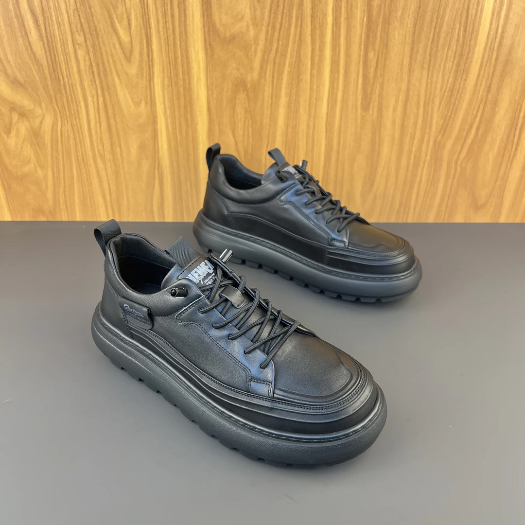 男士秋冬新款真皮轻便厚底增高百搭圆头休闲鞋防滑潮流时尚一脚蹬