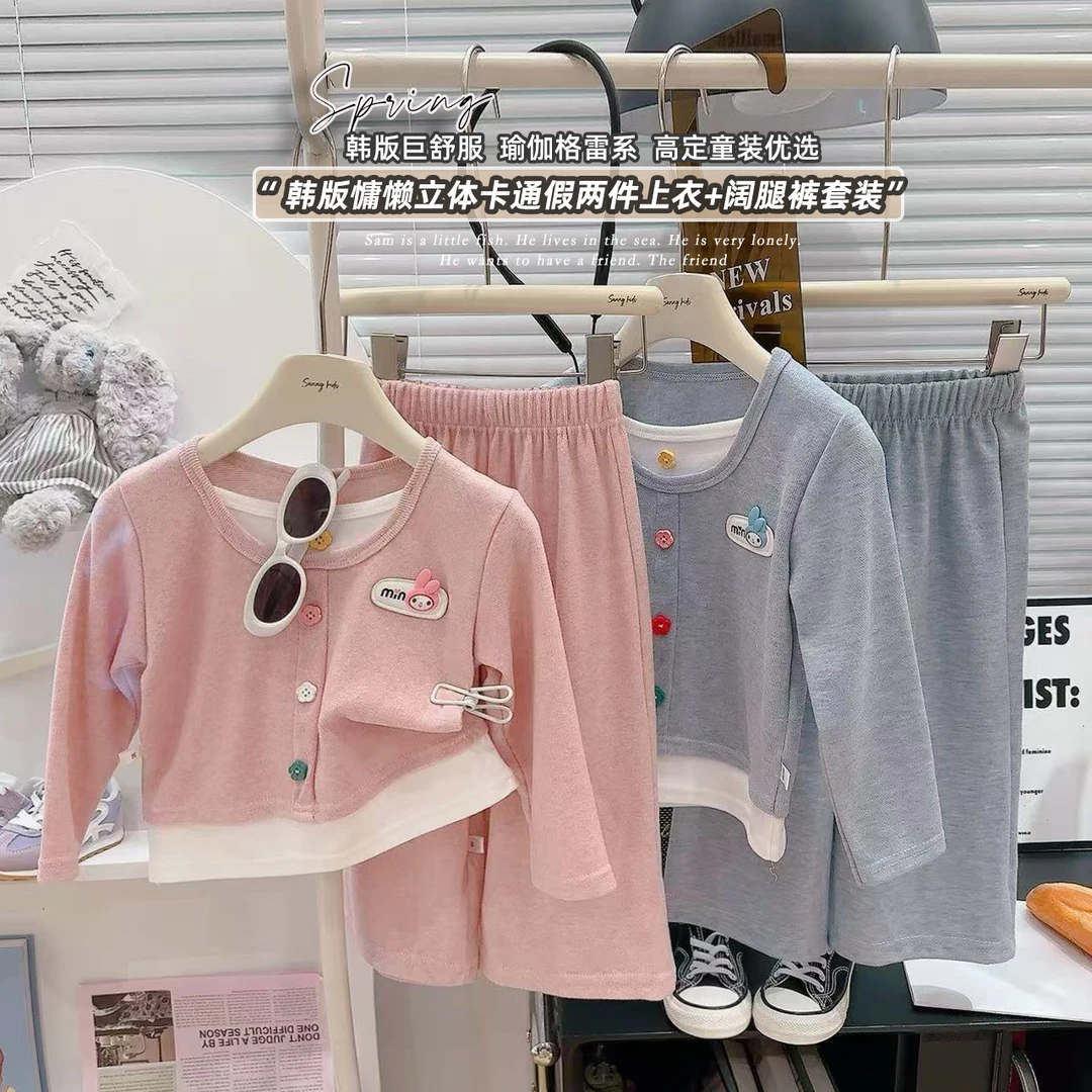 童装女童2025韩版春季新款彩点假两件套装可爱宝宝