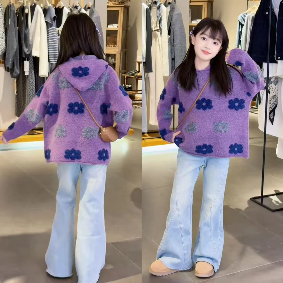 女大童新款韩系休闲毛衣初中生女孩洋气加绒时尚牛仔喇叭裤套装潮