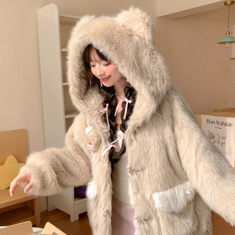 森女部落甜美风撞色连帽绒衫女2025新款小熊设计感百搭宽松外套秋