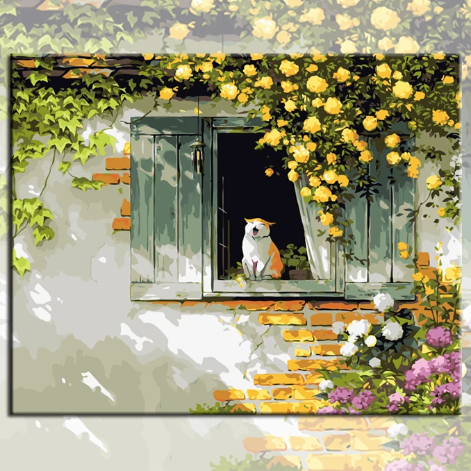 【窗台的猫】DIY数字油画水彩画零基础画画填色画手绘油画丙烯画
