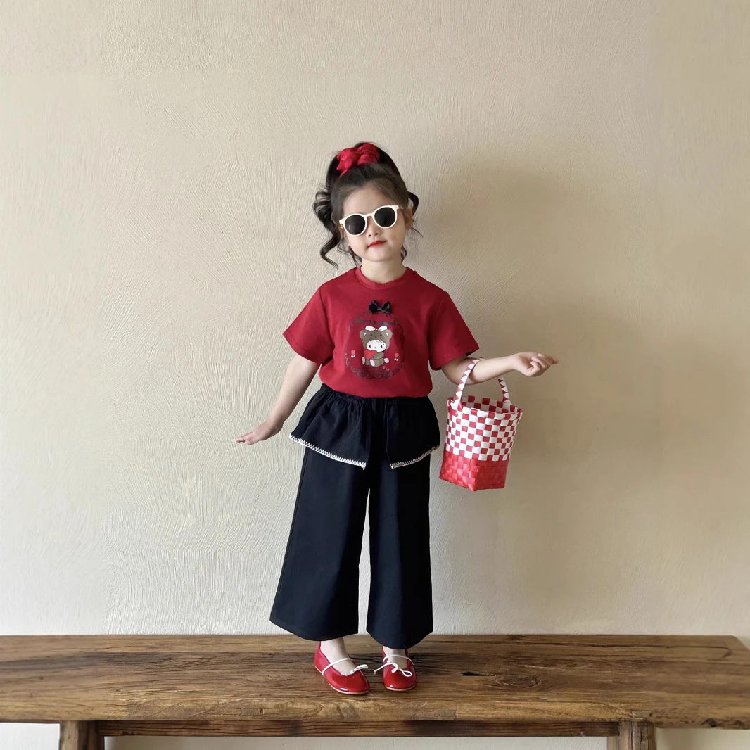 女童夏季可爱短袖T恤2025夏季新款童装中小童花边休闲裤洋气上衣