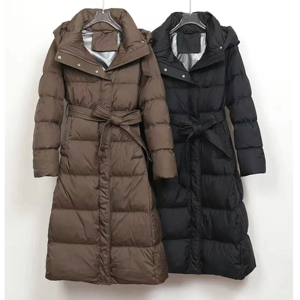 波司豋长款羽绒服女修身过膝2025年秋冬连帽显瘦腰带款加厚保暖