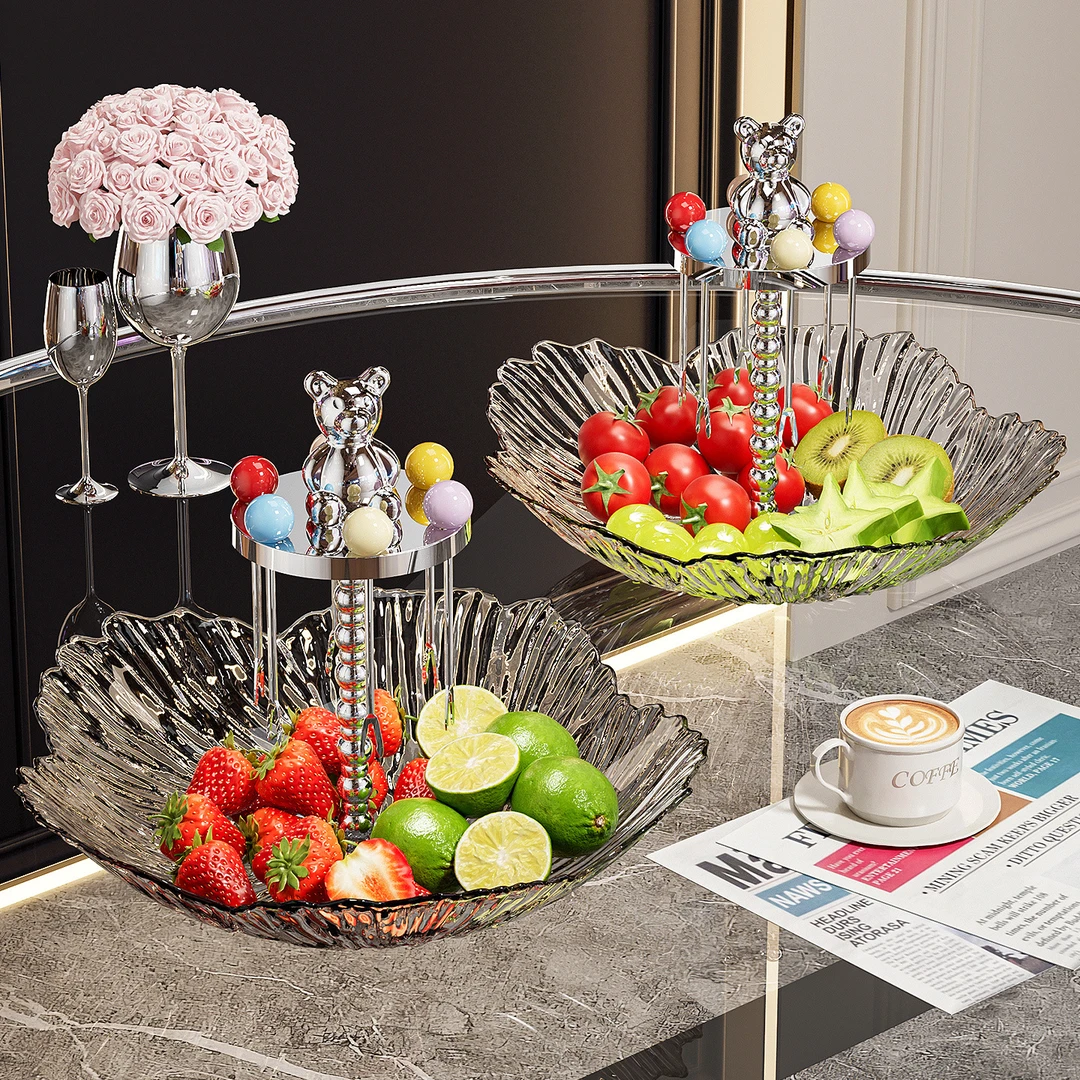 千姑娘花瓣水果盘创意透明带卡通小熊甜品叉塑料带叉花瓣甜品盘