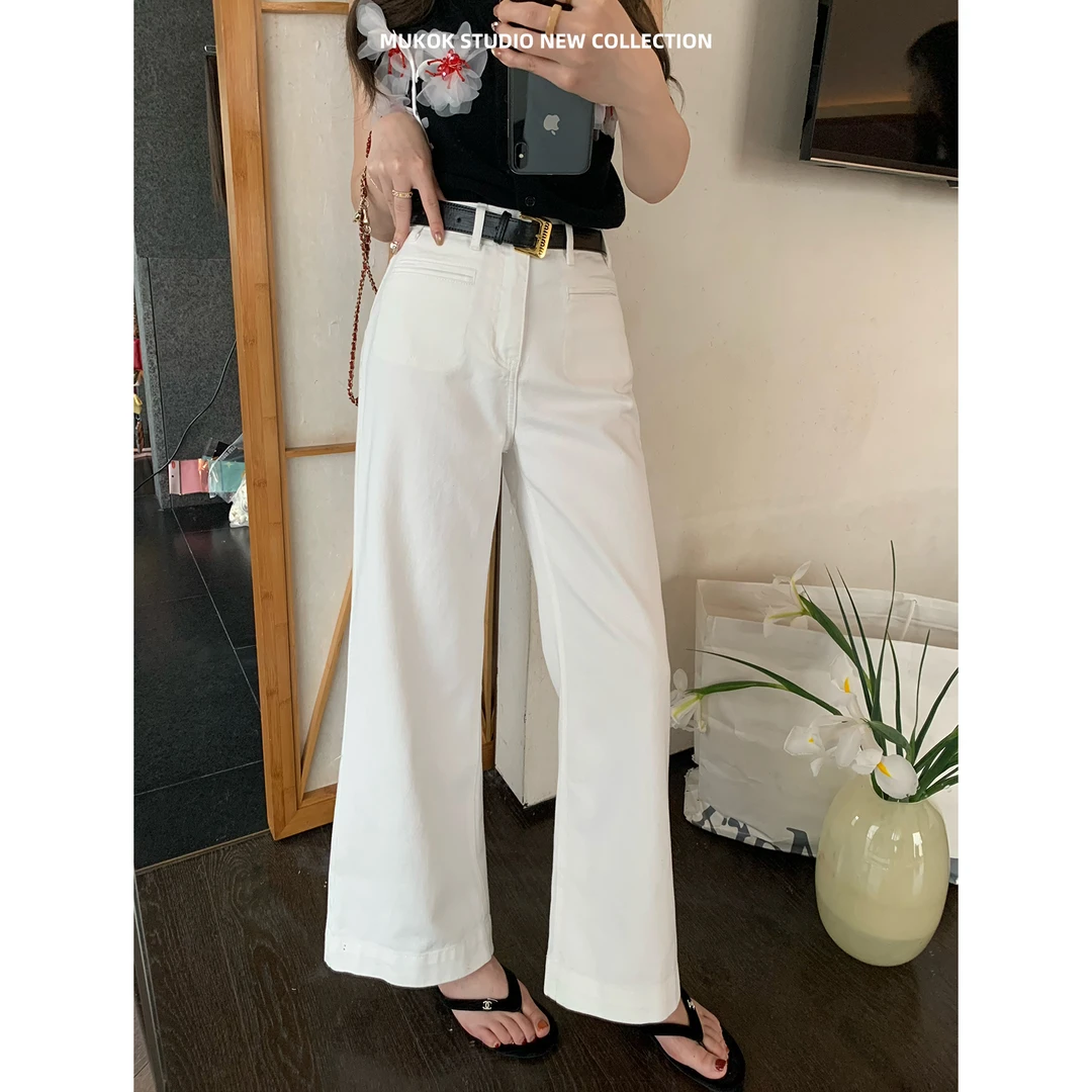 MUKOK春日绝搭~ 白色高腰直筒裤显瘦九分阔腿牛仔裤女2025新款