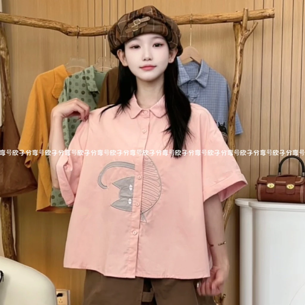 XZ“猫吃鱼”自制腮红粉色夏季小清新凉快棉料重工门襟刺绣短袖上衣