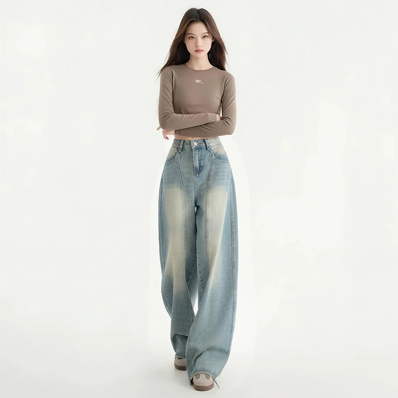 复古蓝高街宽松阔腿牛仔裤女初秋2025新款美式高腰显瘦垂感弯刀裤