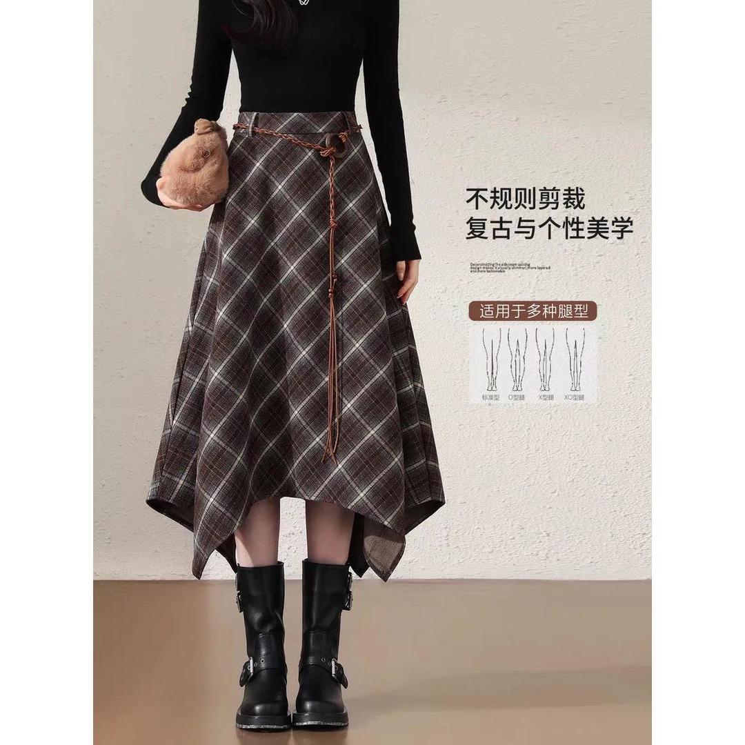 青年女秋冬新款复古显瘦格纹高腰厚款中长不规则字棉%聚酯