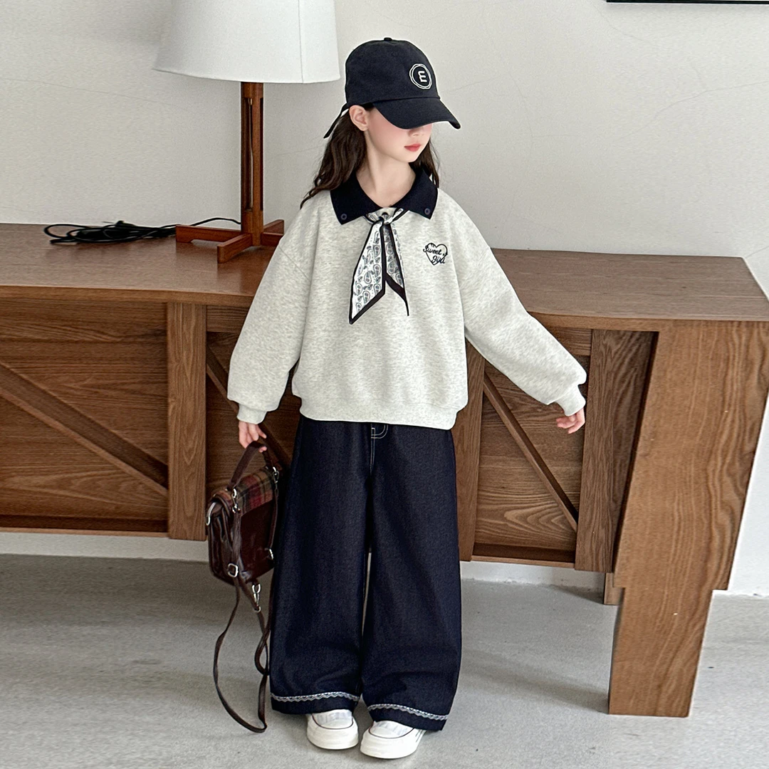 女童卫衣春秋款2025新款儿童休闲上衣中大童秋冬款阔腿牛仔裤套装