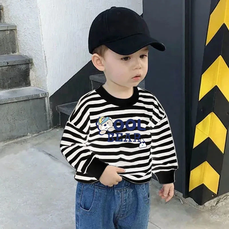 2024新款男童休闲上衣儿童纯棉春秋条纹打底宝宝卡通洋气长袖T恤1