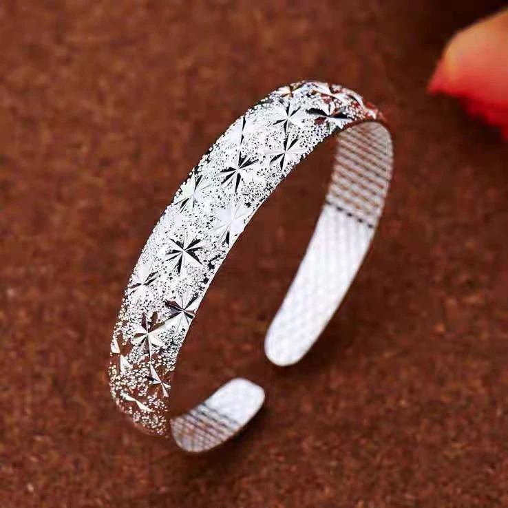 足银手镯 9号-满天星心经【开口】光面气质足银手镯镯子