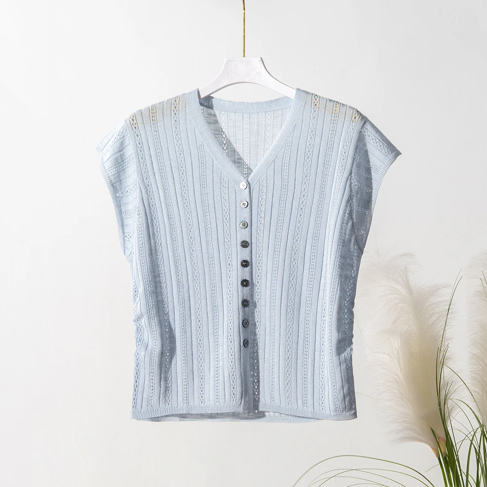【设计师沈兰】7.30 夏款女时尚镂空款单排扣V领针织休闲短袖89159