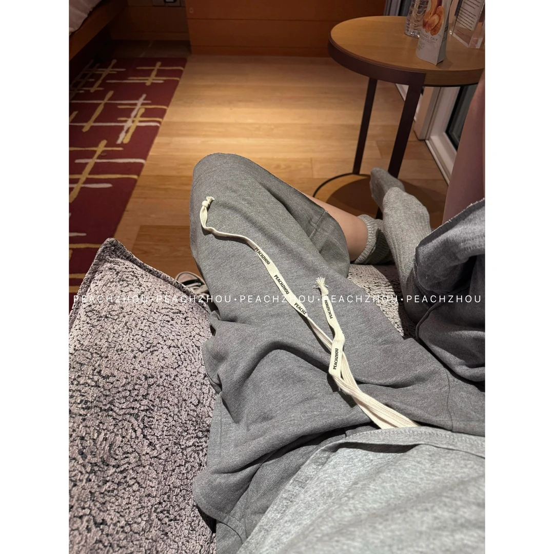『PEACHZHOU』徽标抽绳散边宽松短裤休闲松驰男友风阔腿七分中裤