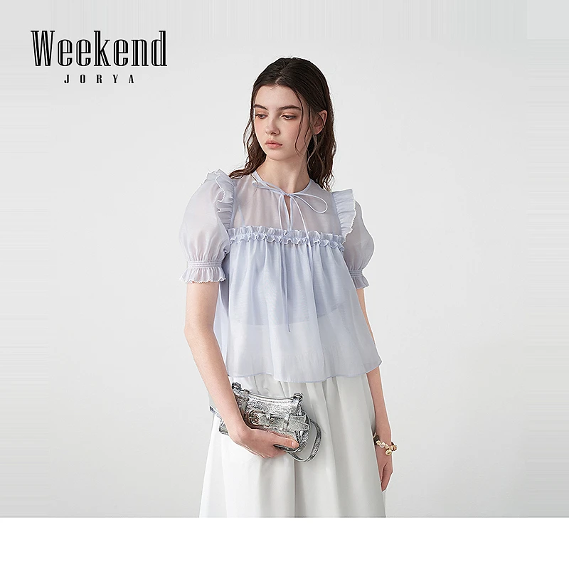 卓雅周末25夏季新款梦幻少女宽松A版泡泡袖娃娃款雪纺衫R220932A
