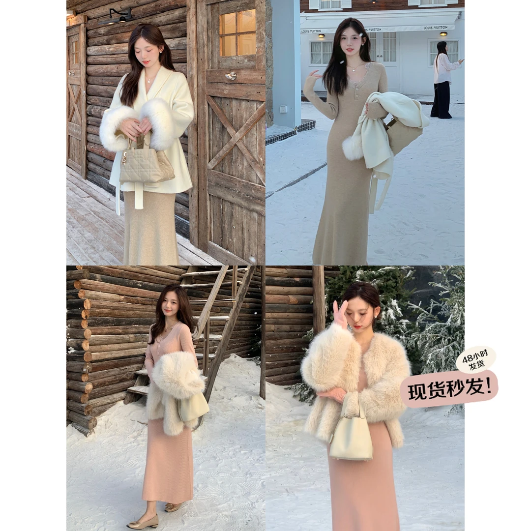 万万【清清】克什米尔氛围感秋冬V领蕾丝拼接修身连衣裙气质