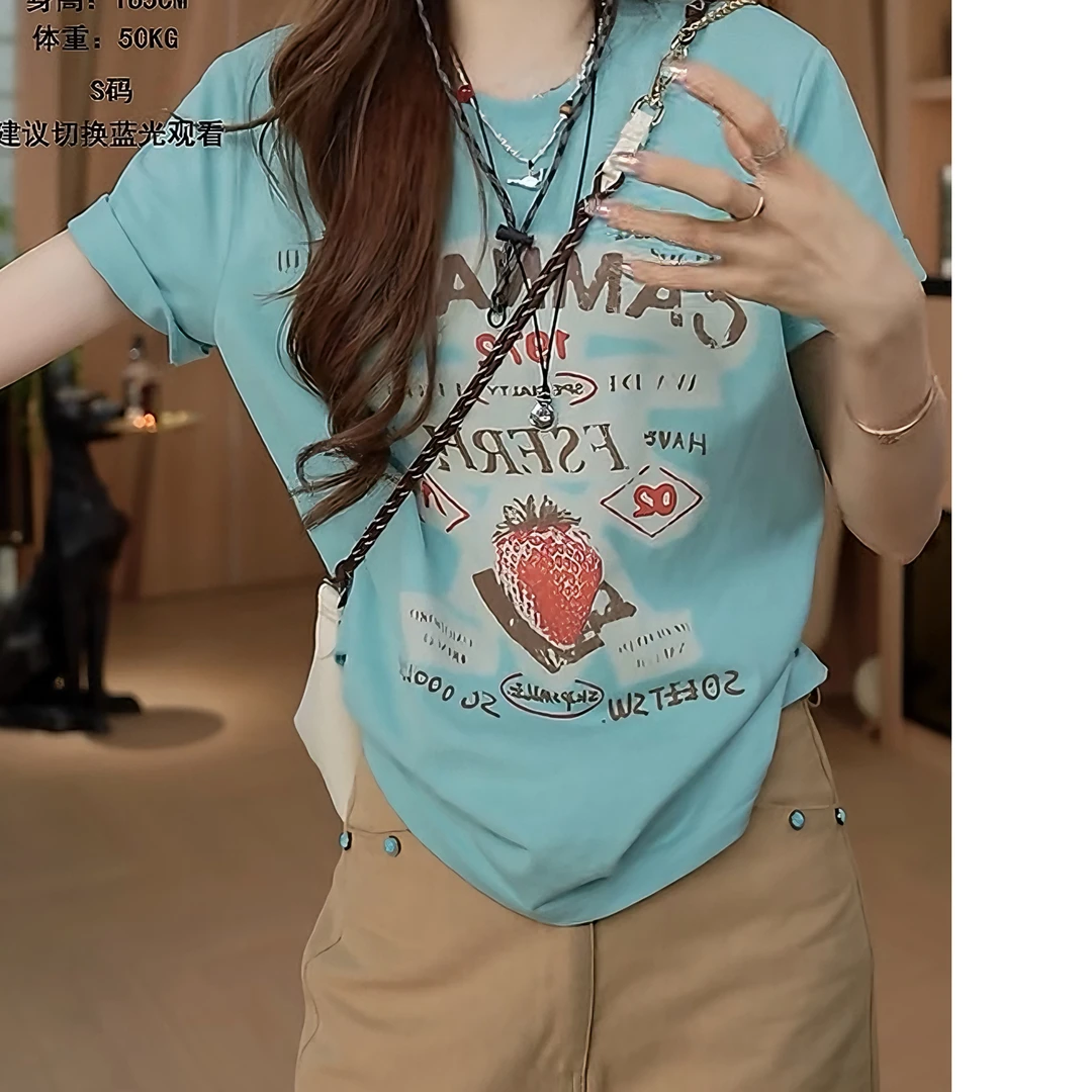 2025新款夏季蓝色圆领宽松型短袖T恤女复古港风印花常规款休闲风