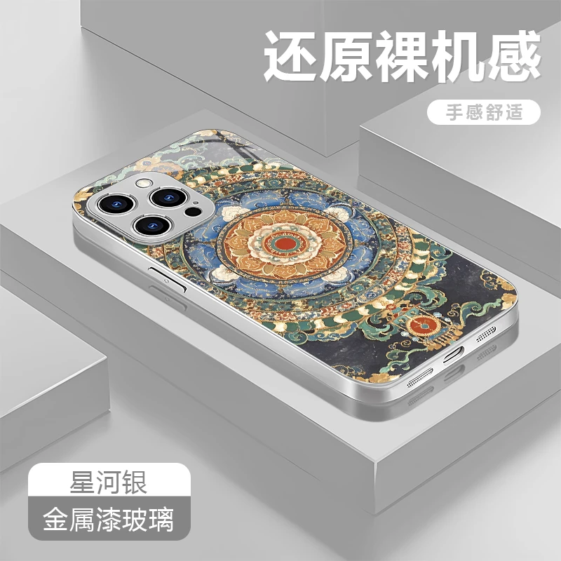 复古图腾适用苹果17/16华为P70/vivo/oppo金属漆玻璃防摔手机壳