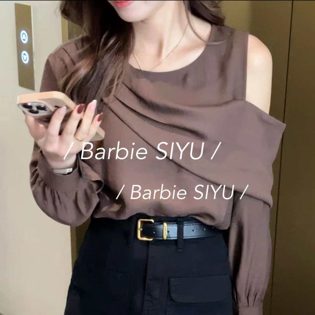 Barbie Siyu【粤语歌】6110秋季法式不规则露肩长袖衬衫百搭